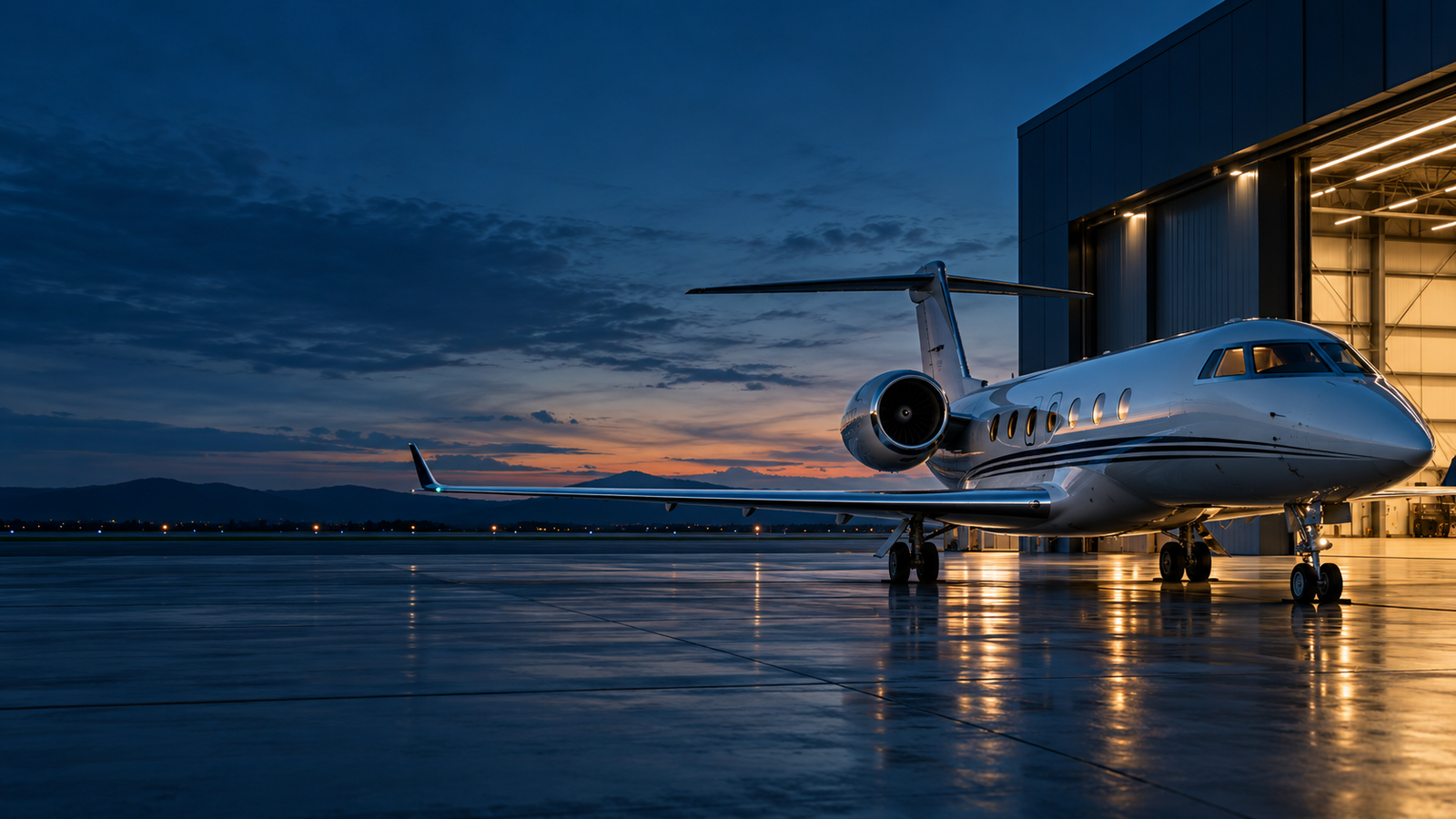 Aeronave executiva em frente a um hangar ao anoitecer